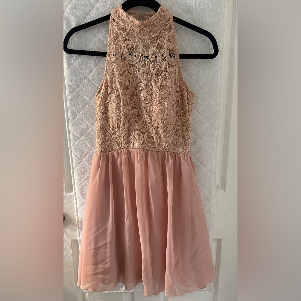 Halter neck Sequined Lace Party Dress in Blush Pink size 3